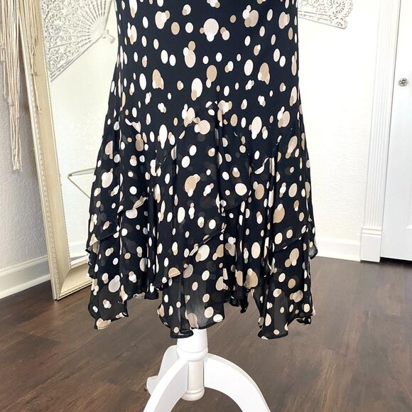 Early 2000's Cream White Polkadot Black Mesh Tiered Frilly Midi Skirt 14 / L - Picture 3 of 7